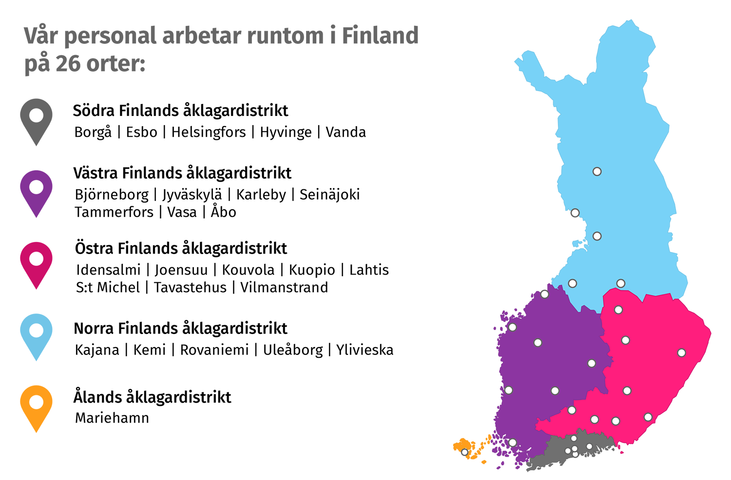 Karta över åklagarområden med personalens angivna orter markerade.