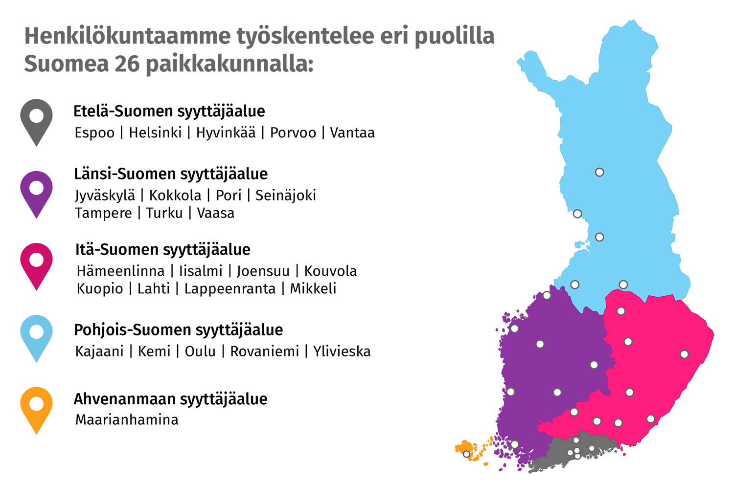 Kartta syyttäjäalueista, johon on merkitty henkilökunnan ilmoittamat paikkakunnat.